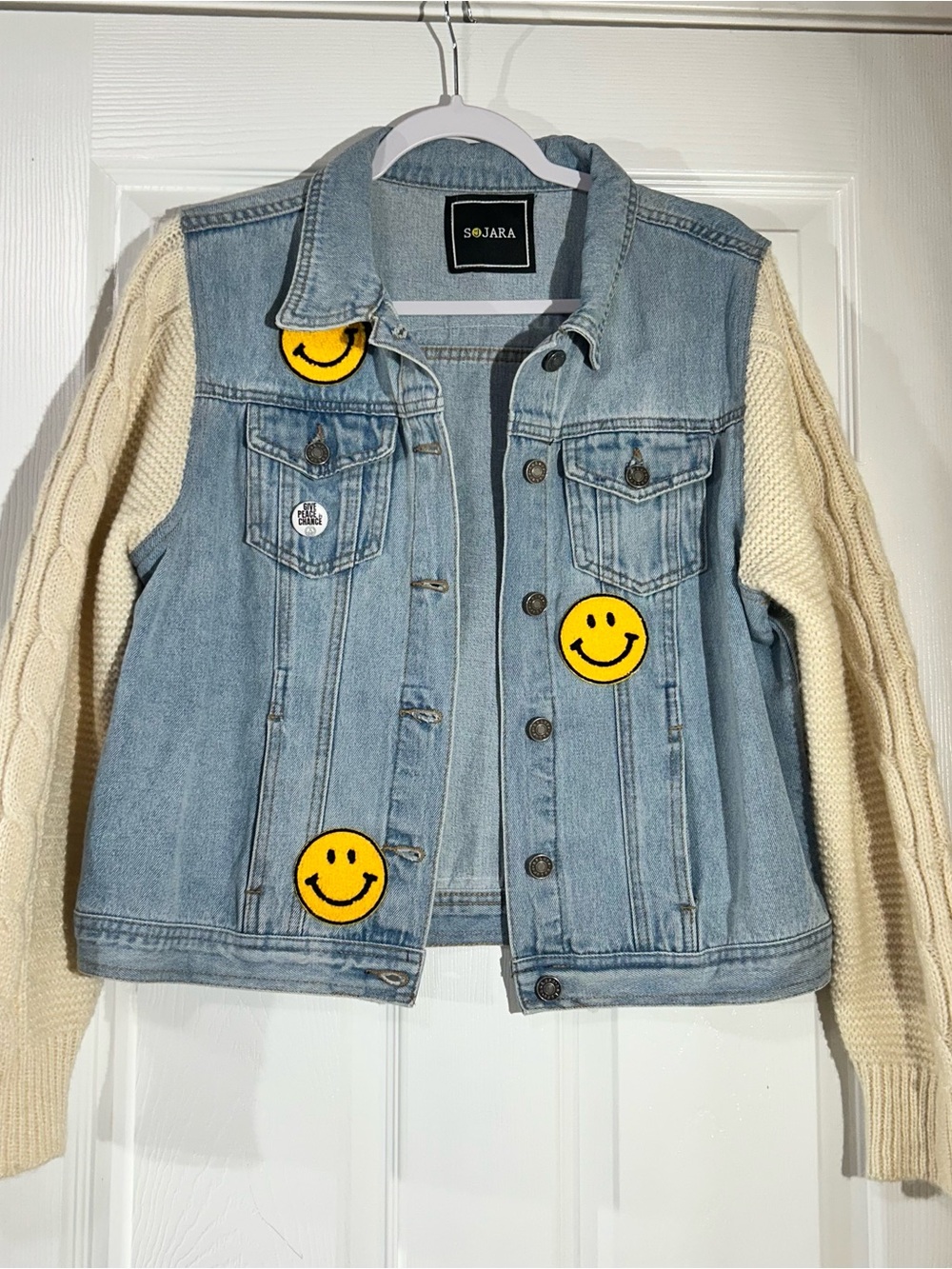 SoJara Reworked Upcycle Denim & Cream Knit Sleeve Jacket Patchwork Smileys
